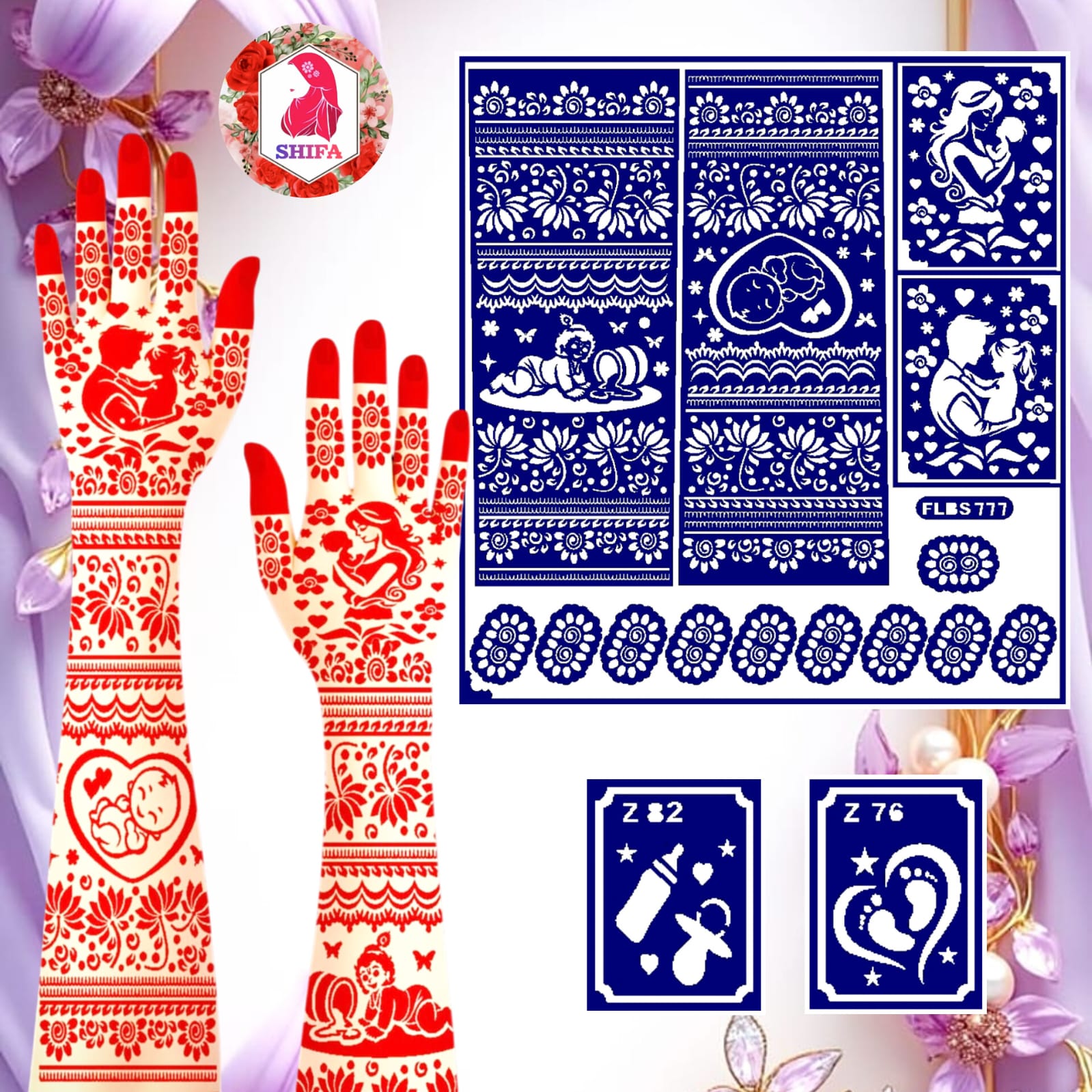 FLBS 777 A Beautiful Parenthood Love Story Set Sticker Overview Henna Stencil - Shifa Stencil